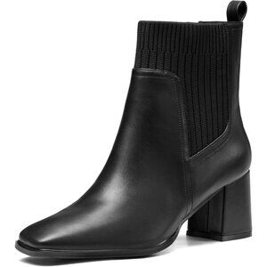 Women's Black Slip-On Ankle Boots Chunky Block Heel Square Toe Dress Booties